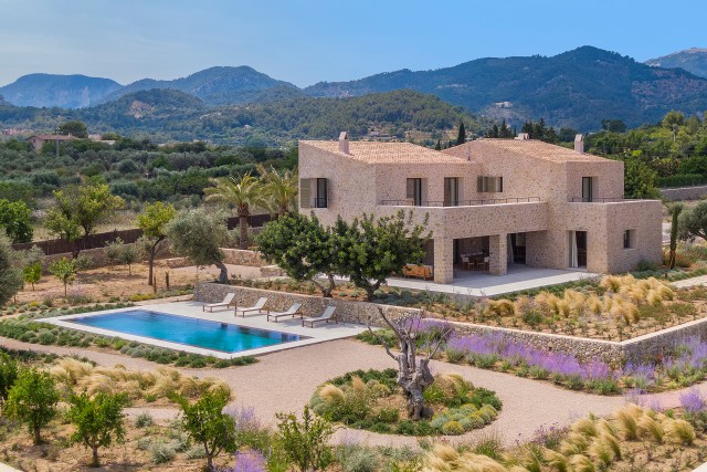 Newly built country home with generous interiors and private pool in Selva