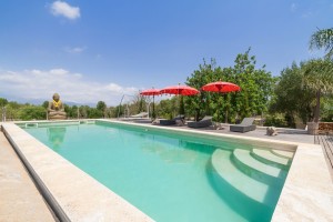 Mountain view finca with exotic design elements and pool near Llubi