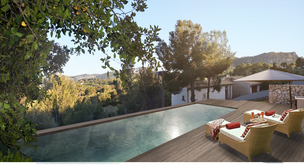 polencia render, pool view, wood terrace, wood pool side